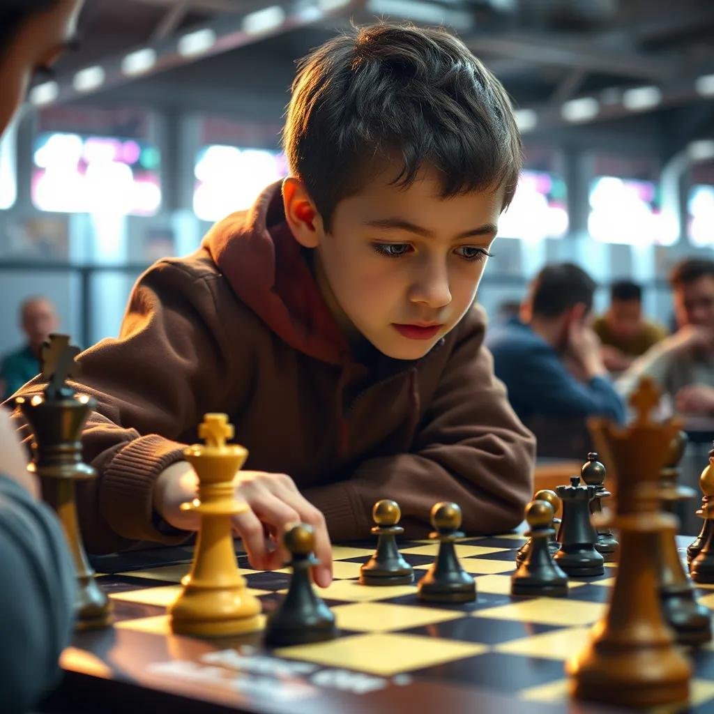 Young boy focused on chess game